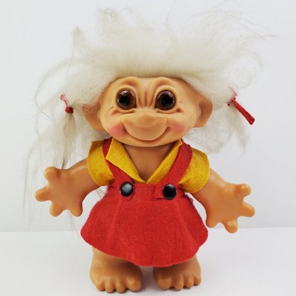 Troll Doll Thomas Dam Denmark Smiling Felt Dress Hair Bows Vintage Approx 8" - Picture 1 of 12